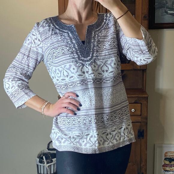 JM Collection white and dusty purple 3/4 sleeve linen top size small - Picture 1 of 8